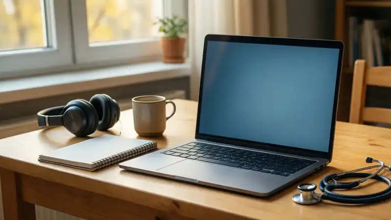 Lernplatz zu Hause mit Laptop, Notizbuch und Stethoskop zum kostenlosen Deutschüben