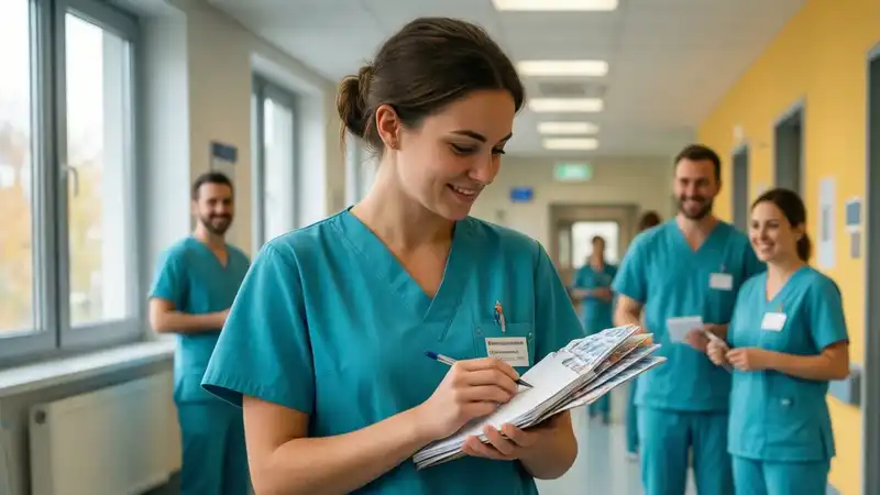 Pflegekraft lernt medizinisches Deutsch mit Notizbuch auf moderner Krankenstation